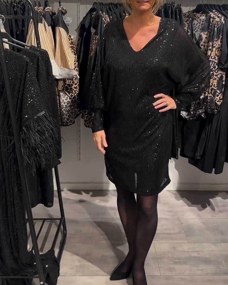 V-neck bat sleeve sequined shift dress