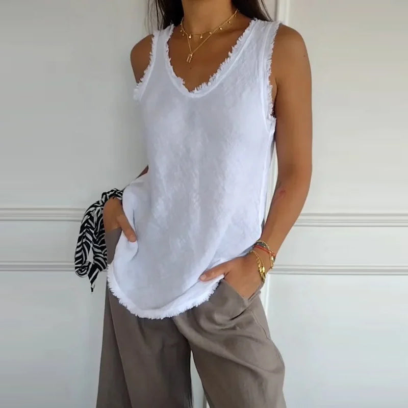 Cotton and Linen V-neck Raw Edge Design Vest