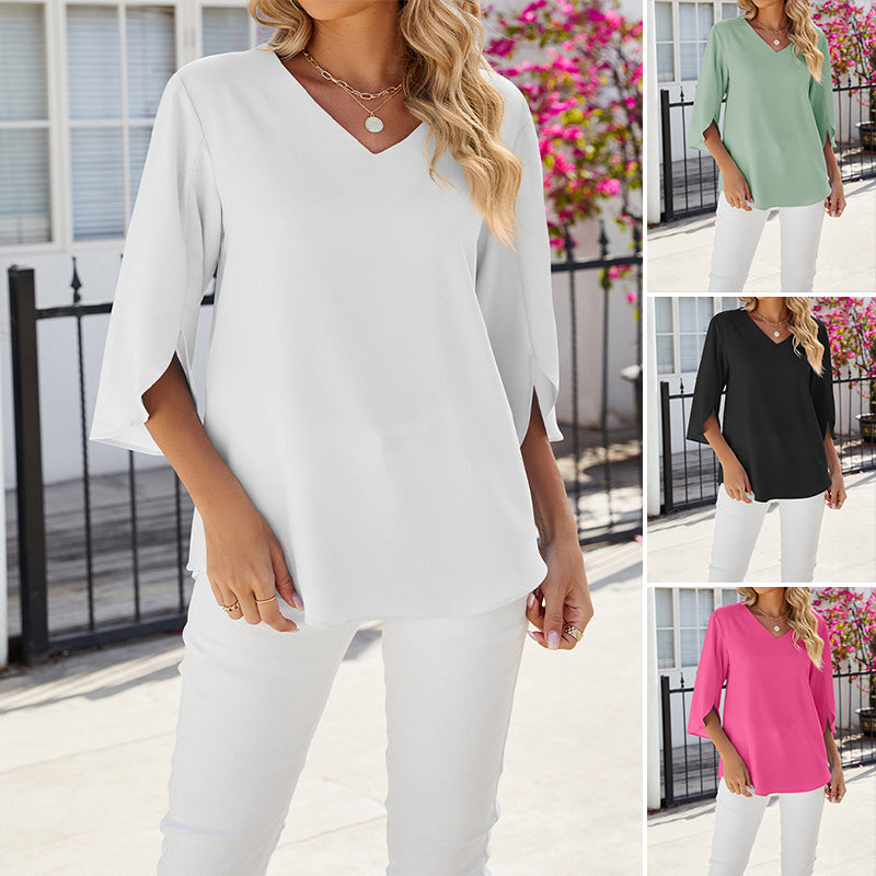 Solid Color V-Neck Mid-Sleeve Chiffon Shirt
