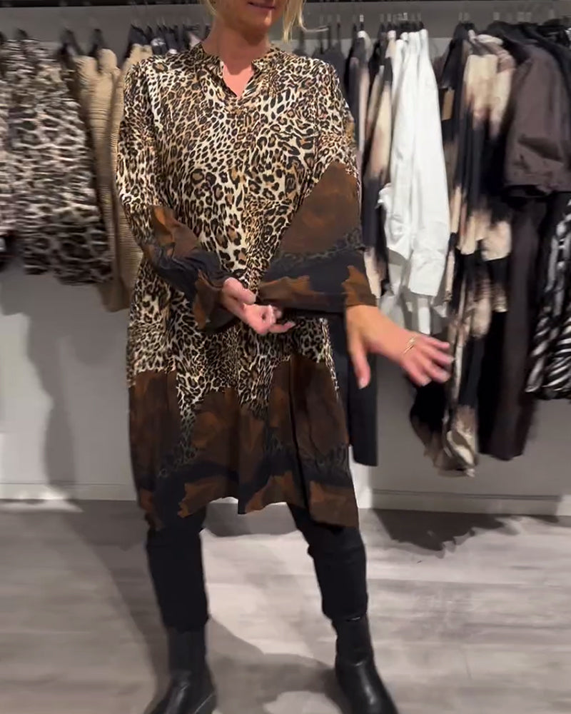 Stand Collar Leopard Print Colorblock Dress