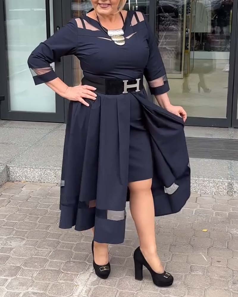 Mesh Round Neck Patchwork Slit Dress