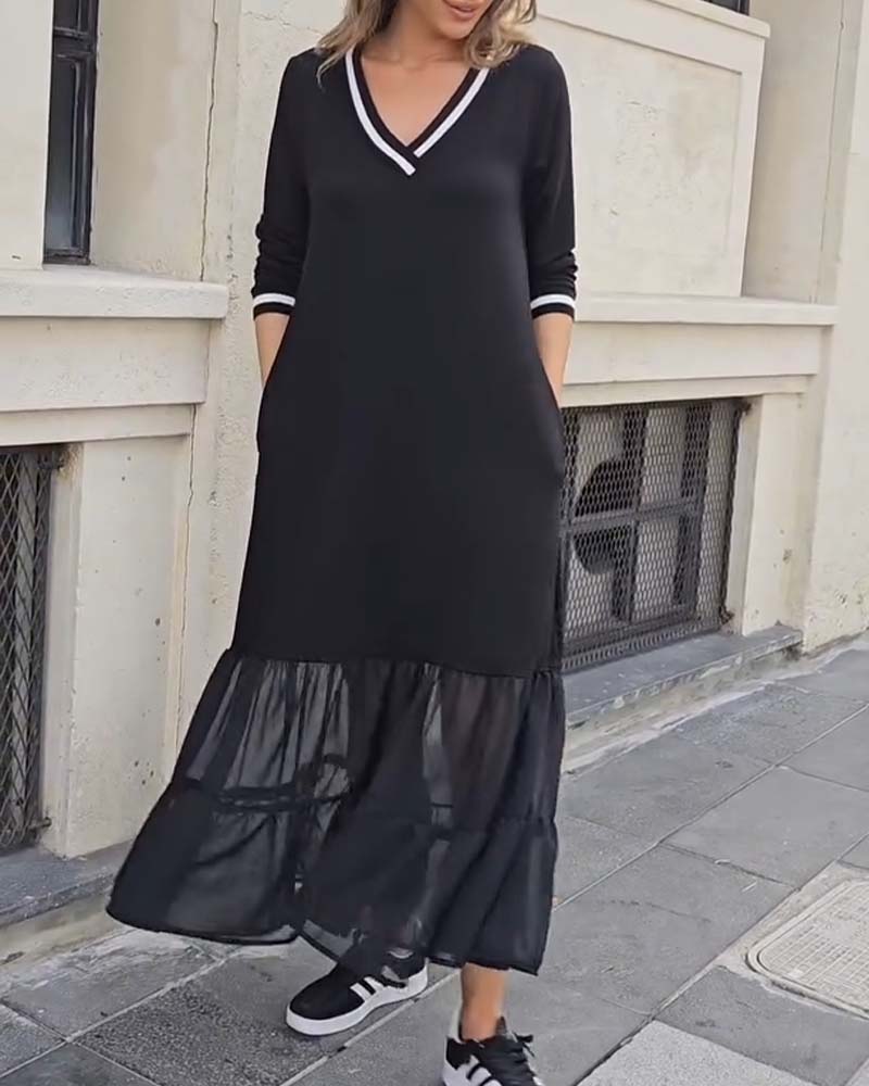 V-Neck Long-Sleeved Mesh Patchwork Dress