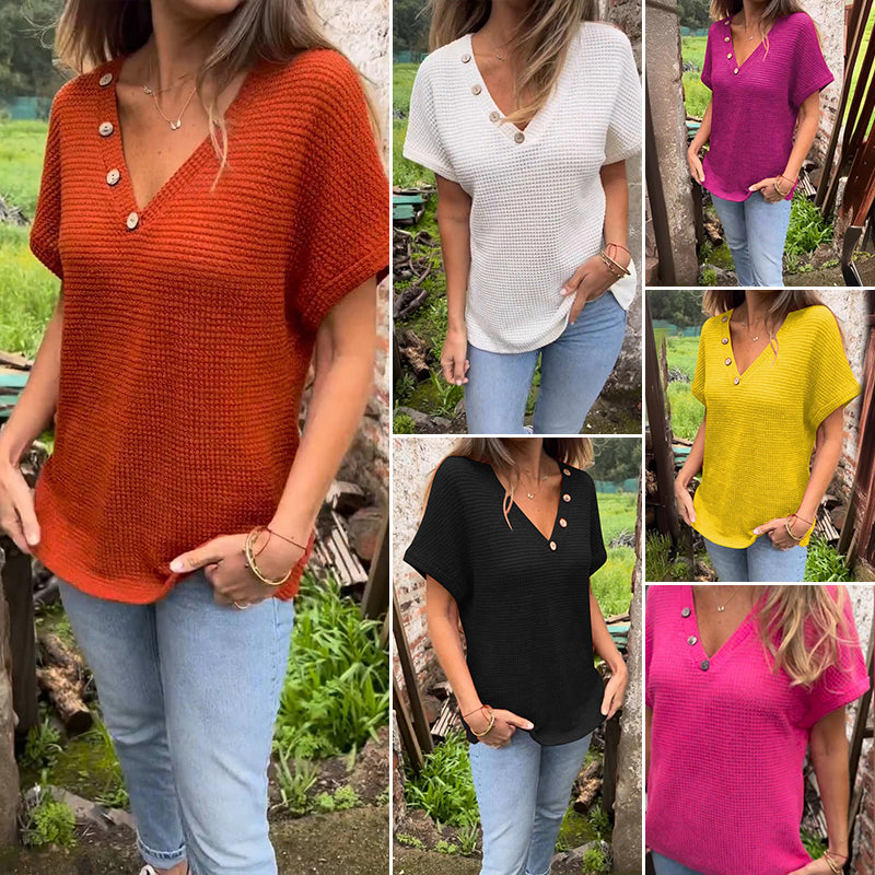 Waffle Grid Summer Short Sleeve V-Neck T-Shirt