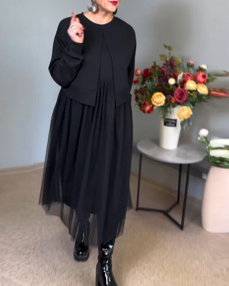 Irregular mesh stitching solid color elegant dress