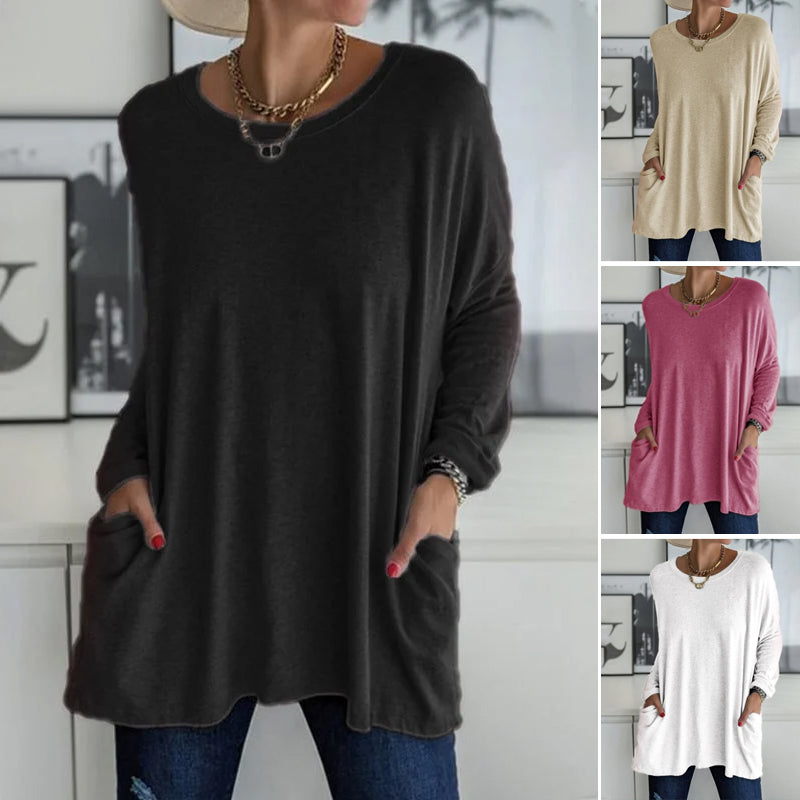 Round Neck Long Sleeve Pocket Solid T-Shirt