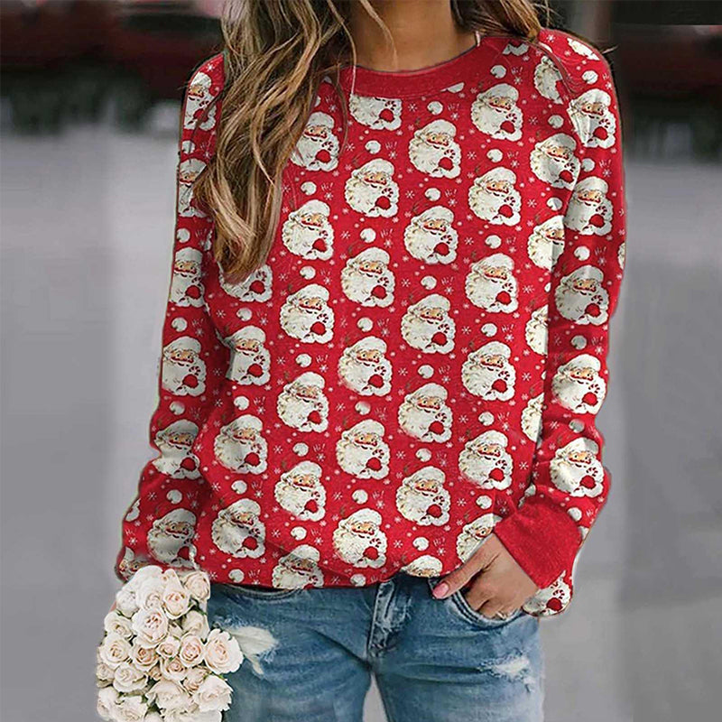 Christmas Print Crewneck Long Sleeved Fleece Sweatshirt
