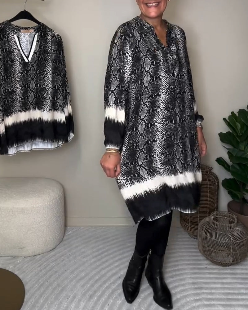 V-Neck Snake Print Color Block Dress