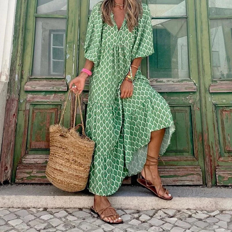 Geometric Print Puff Sleeve Dress