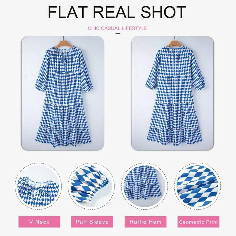 Geometric Print Puff Sleeve Dress