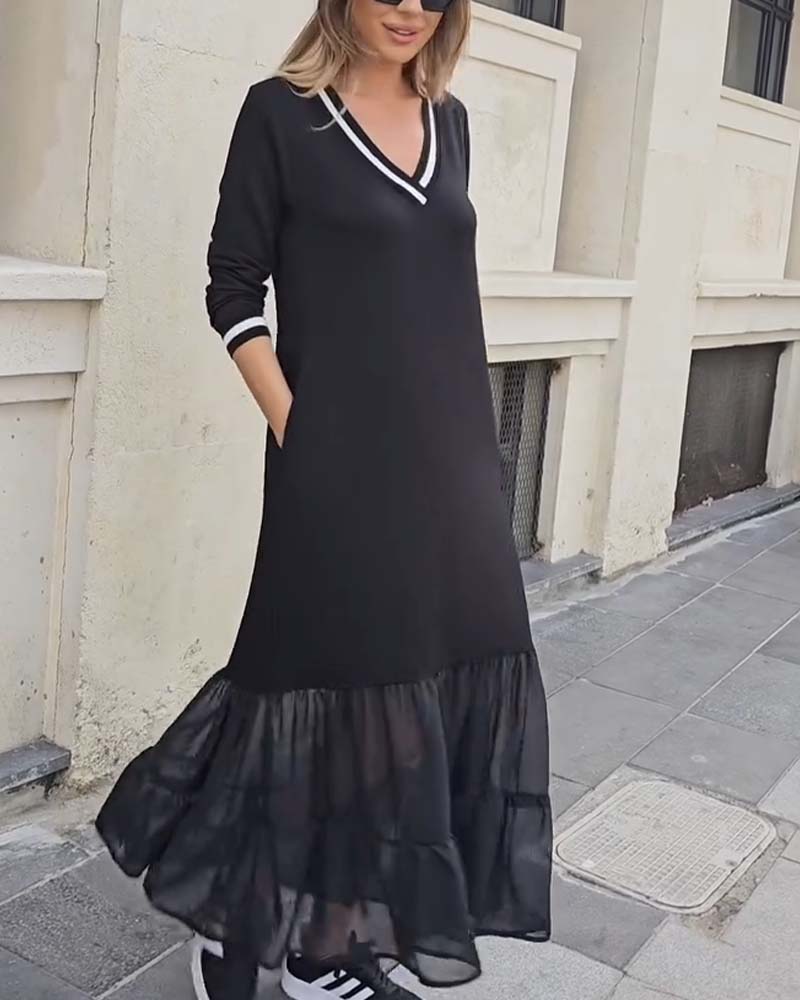 V-Neck Long-Sleeved Mesh Patchwork Dress