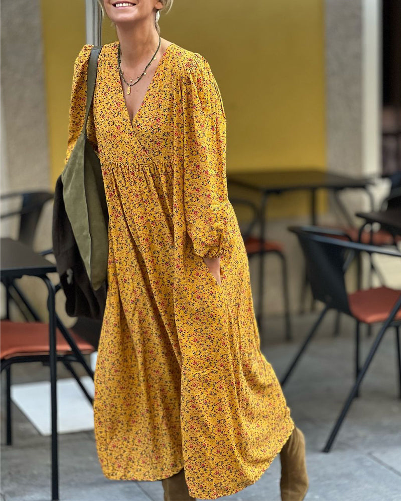 V-Neck Long-Sleeved Floral Dress