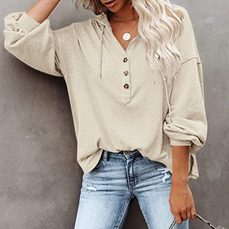V-Neck Long Sleeve Loose Sports Hoodie