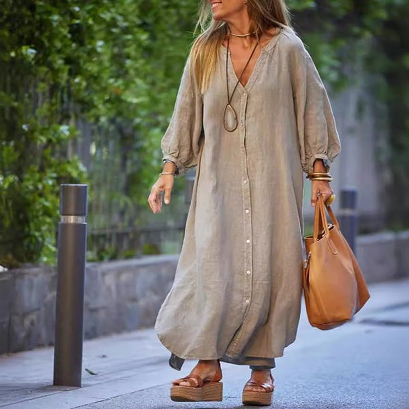 Women's Minimalist Cotton Linen V-neck Long Dress