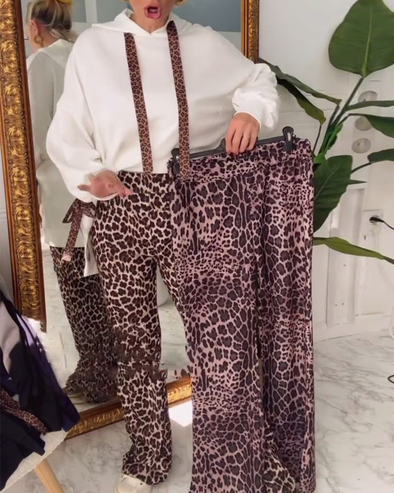 Casual Hooded Leopard Print Sweatshirt Set
