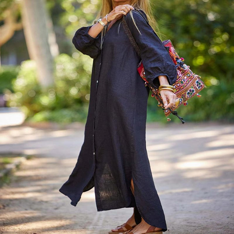 Women's Minimalist Cotton Linen V-neck Long Dress