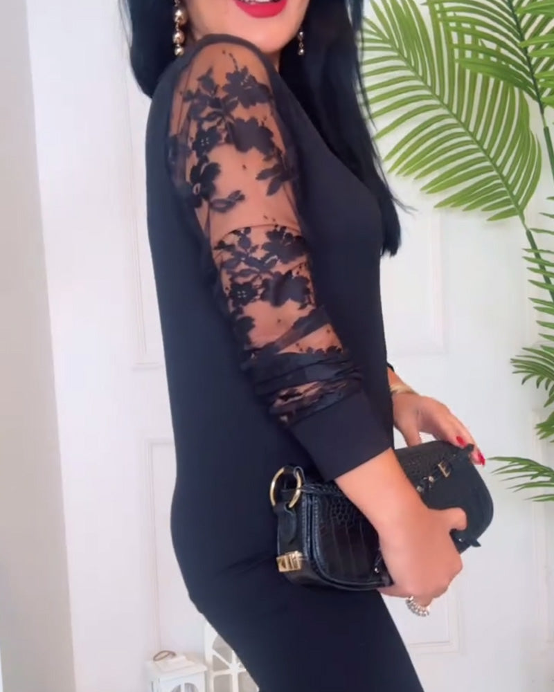 Casual Lace V-Neck Long Sleeve Top