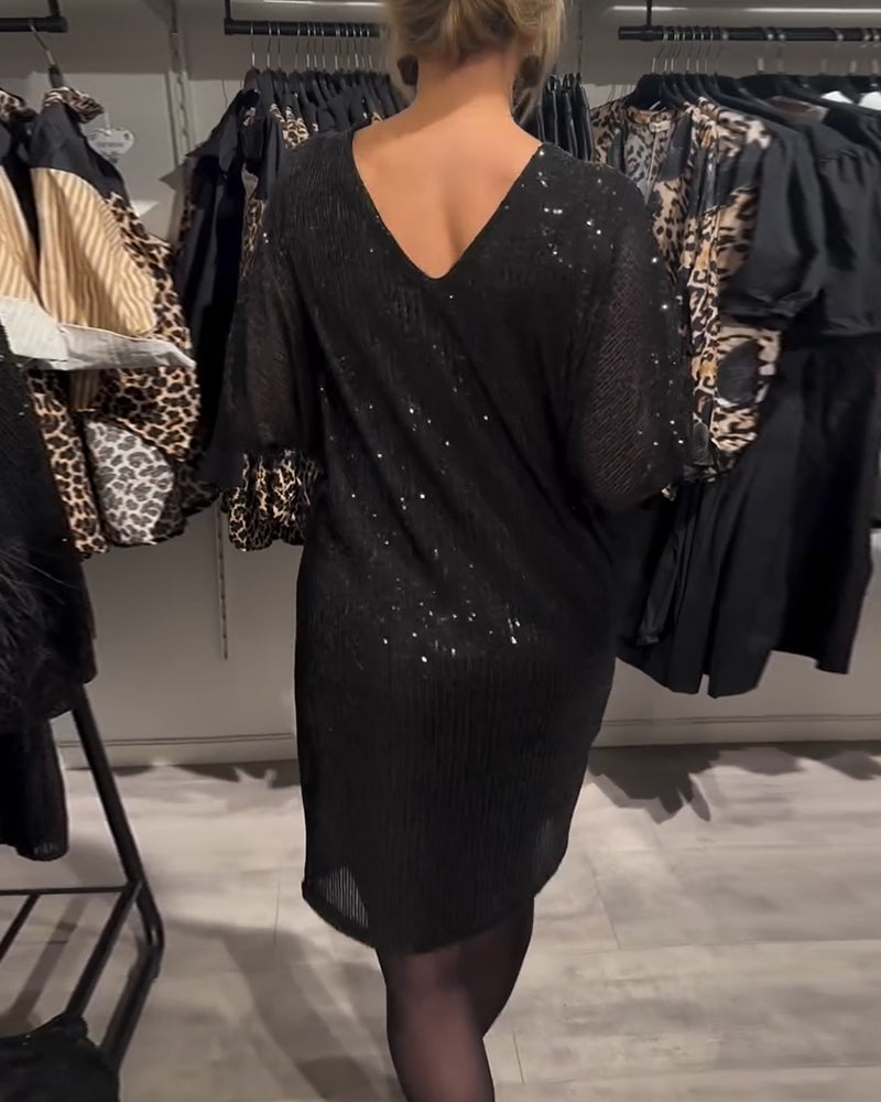 V-neck bat sleeve sequined shift dress