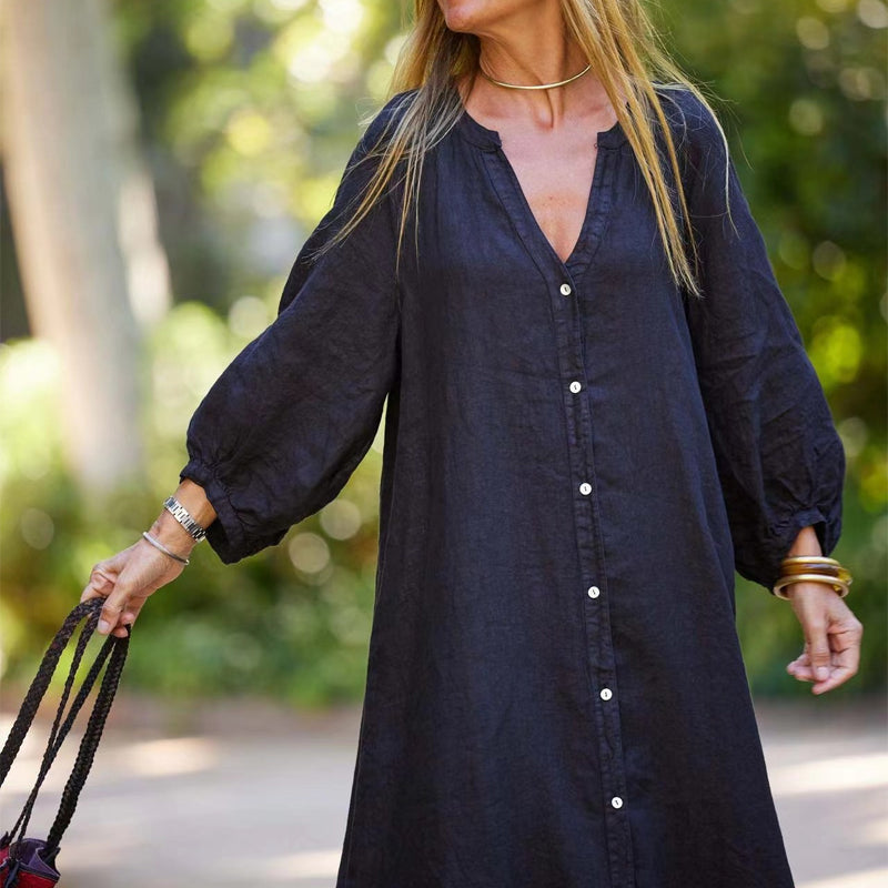 Women's Minimalist Cotton Linen V-neck Long Dress