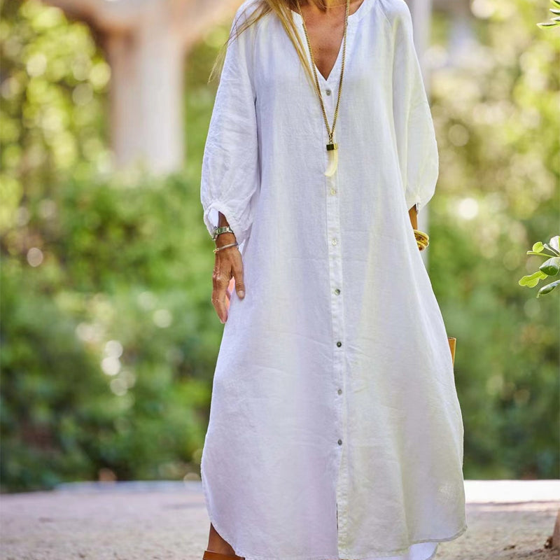 Women's Minimalist Cotton Linen V-neck Long Dress