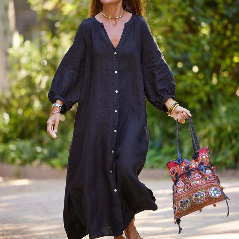 Women's Minimalist Cotton Linen V-neck Long Dress