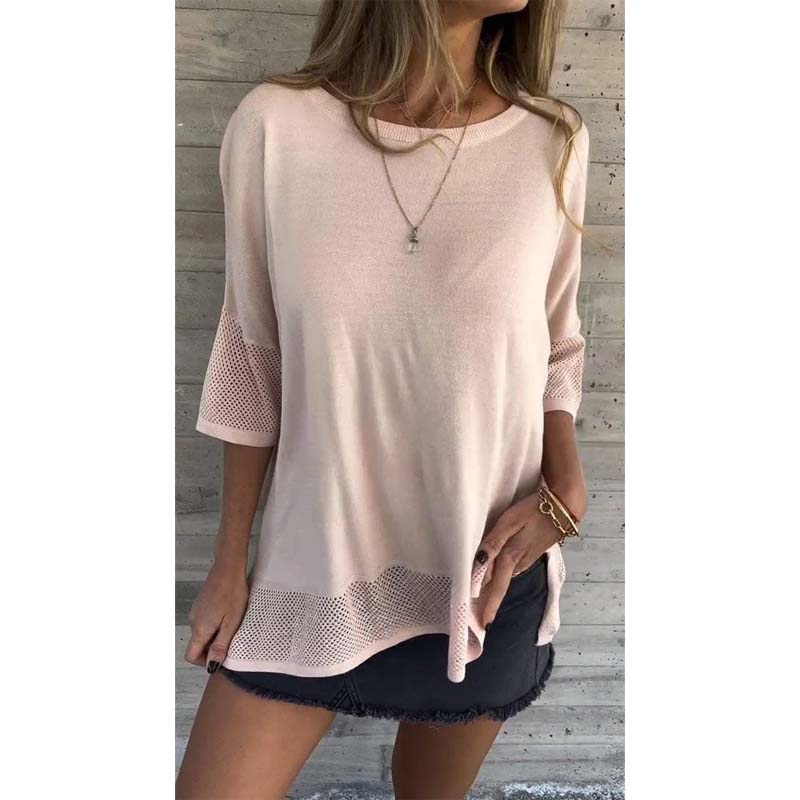 Women' s Casual Solid Color Round Neck 3/4 Sleeve T-Shirt