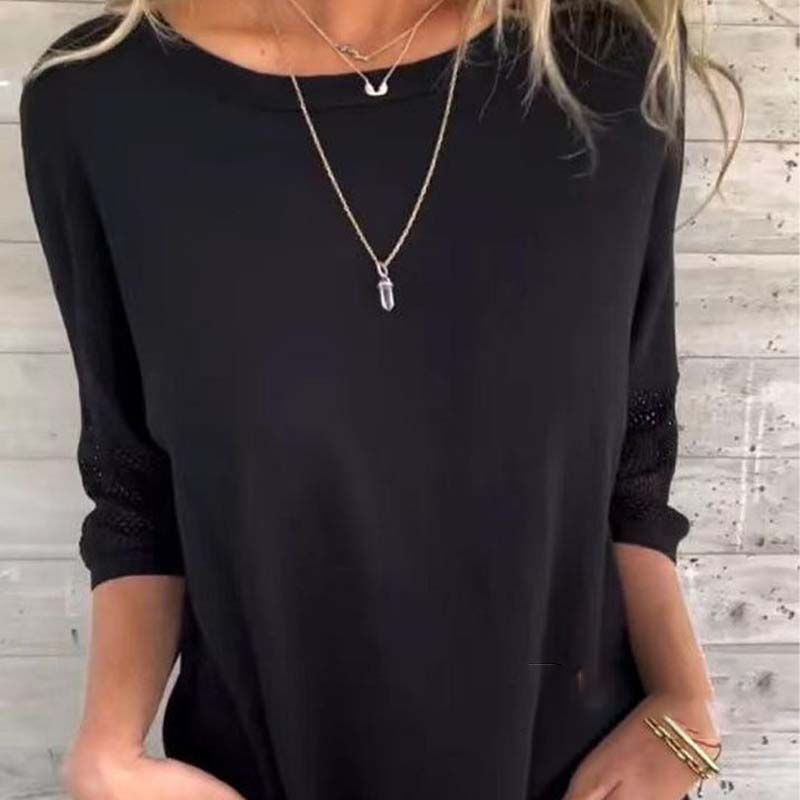 Women' s Casual Solid Color Round Neck 3/4 Sleeve T-Shirt