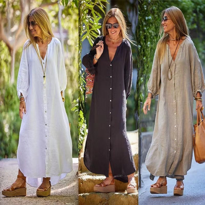 Women's Minimalist Cotton Linen V-neck Long Dress