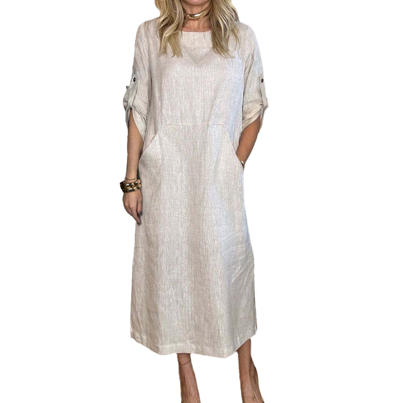 Women's Cotton and Linen Solid Color Loose Dresses