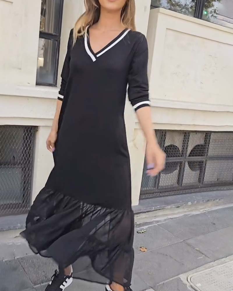 V-Neck Long-Sleeved Mesh Patchwork Dress