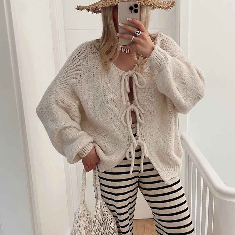 Women's Solid Color Tie Neck Drop Shoulder Cardigan