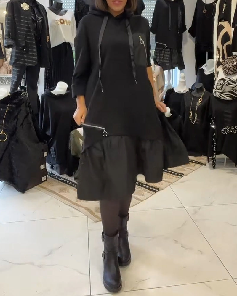 Ruffled patchwork hooded sweatshirt dress