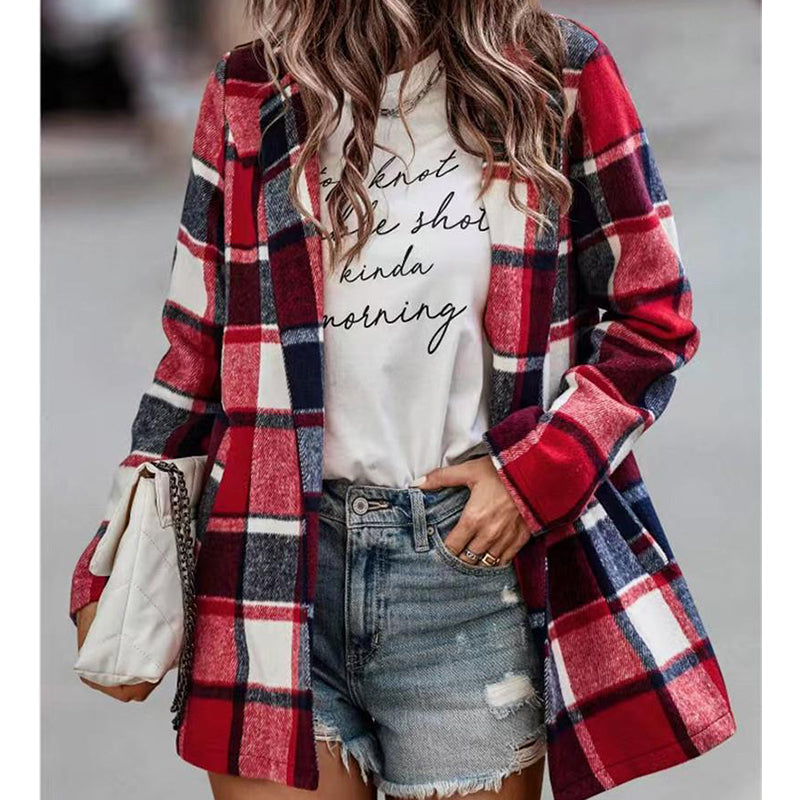 Check Print Long Sleeve Pocket Wool Jacket