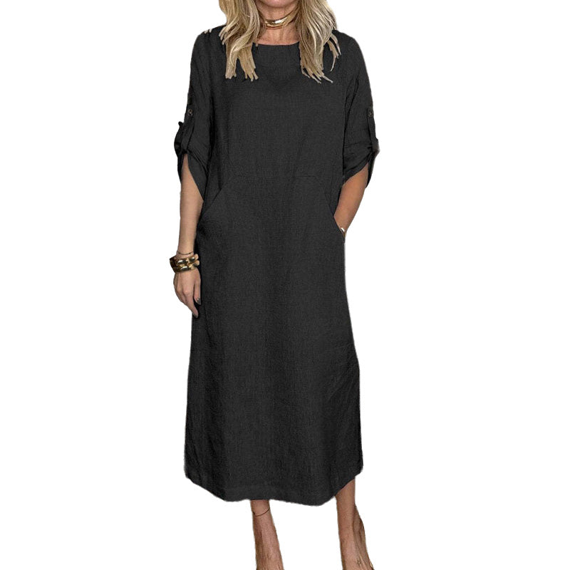 Women's Cotton and Linen Solid Color Loose Dresses