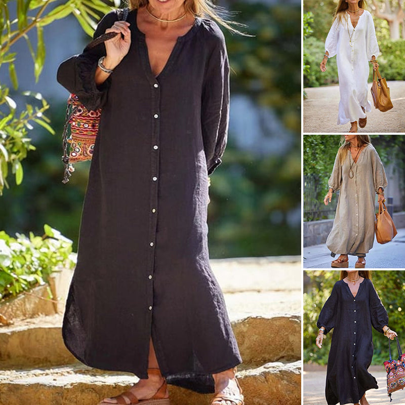 Women's Minimalist Cotton Linen V-neck Long Dress