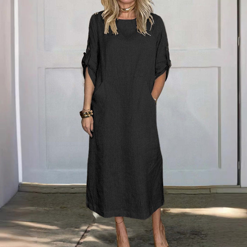 Women's Cotton and Linen Solid Color Loose Dresses
