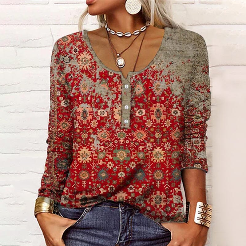 Long-sleeved U-neck Top with Buttons
