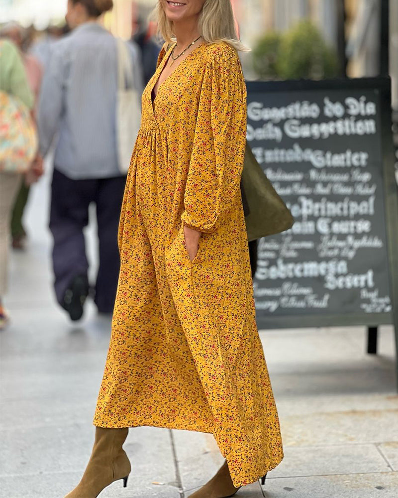 V-Neck Long-Sleeved Floral Dress