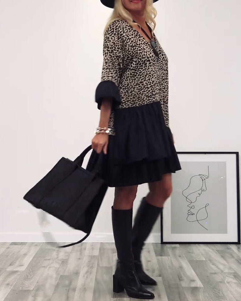 Leopard print ruffled casual dress