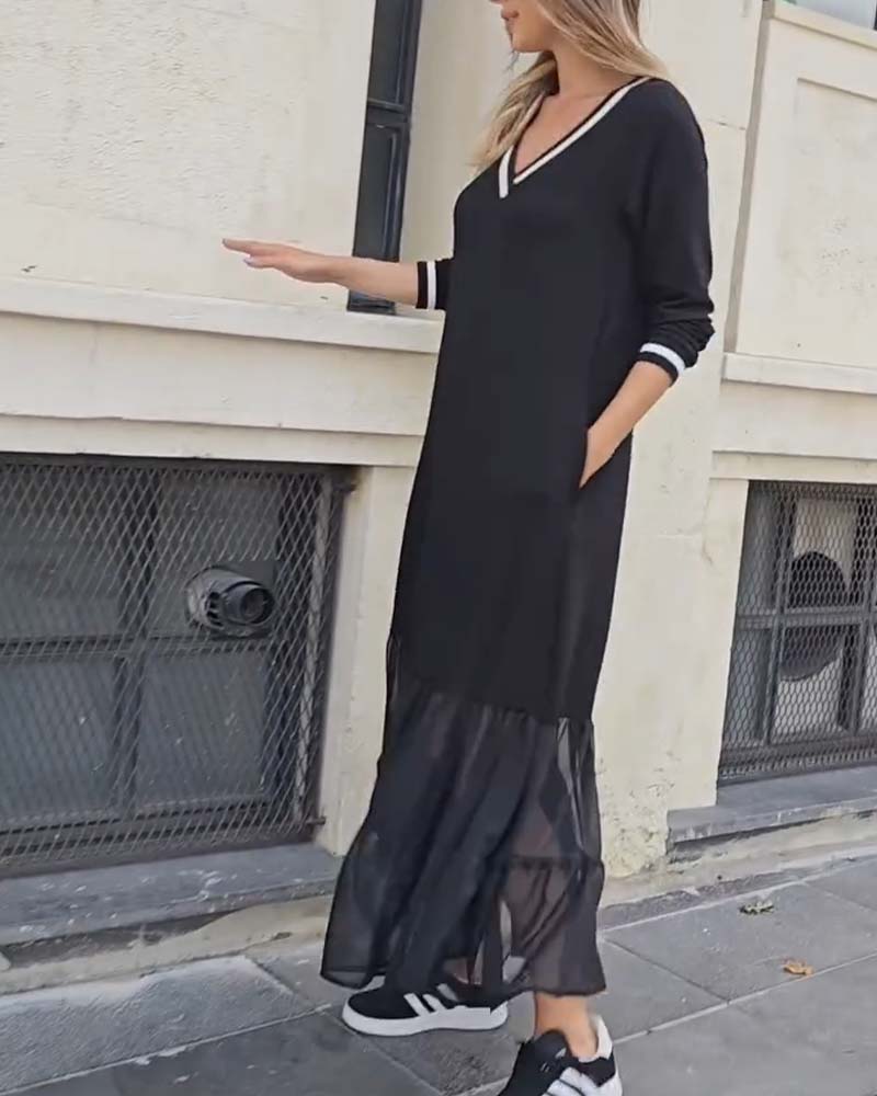 V-Neck Long-Sleeved Mesh Patchwork Dress