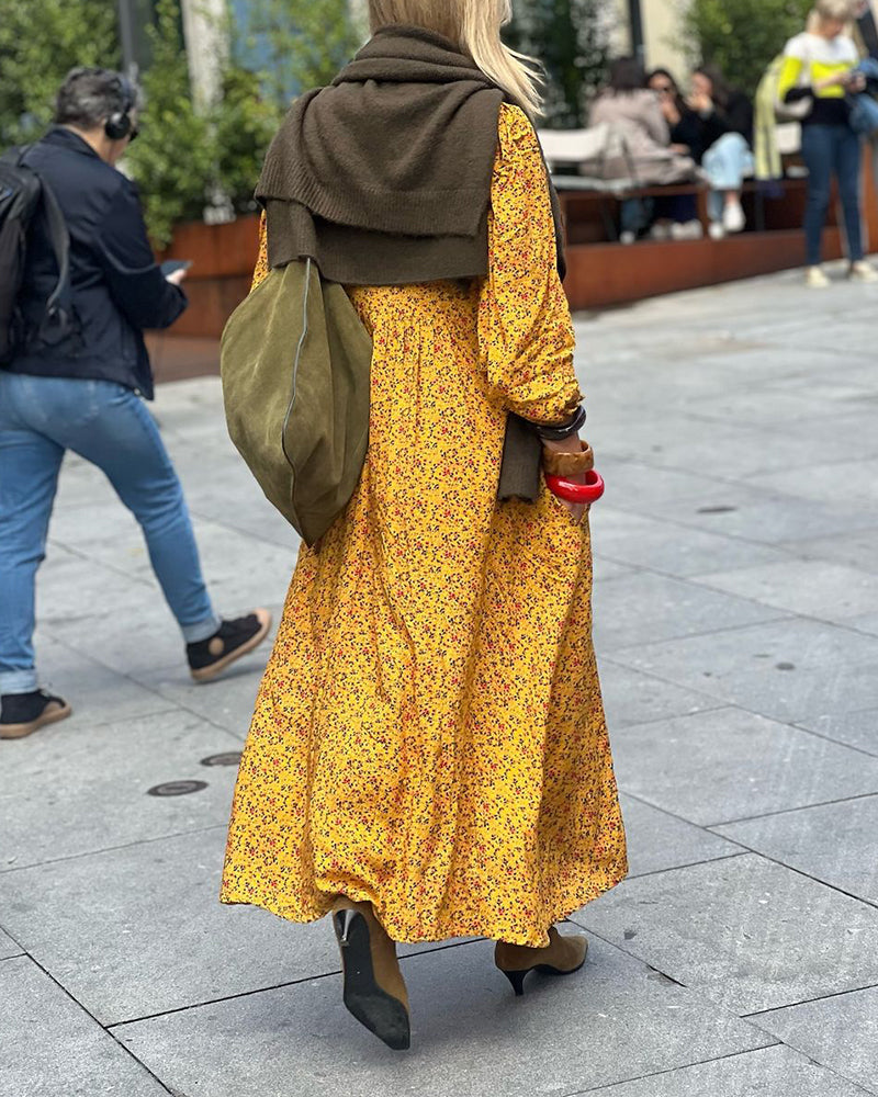 V-Neck Long-Sleeved Floral Dress