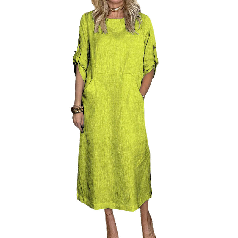 Women's Cotton and Linen Solid Color Loose Dresses