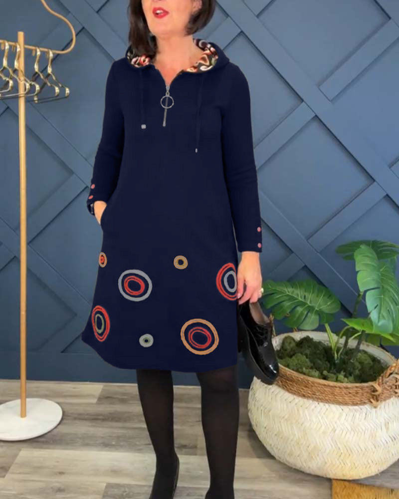 Circle print zip-up hooded casual dress