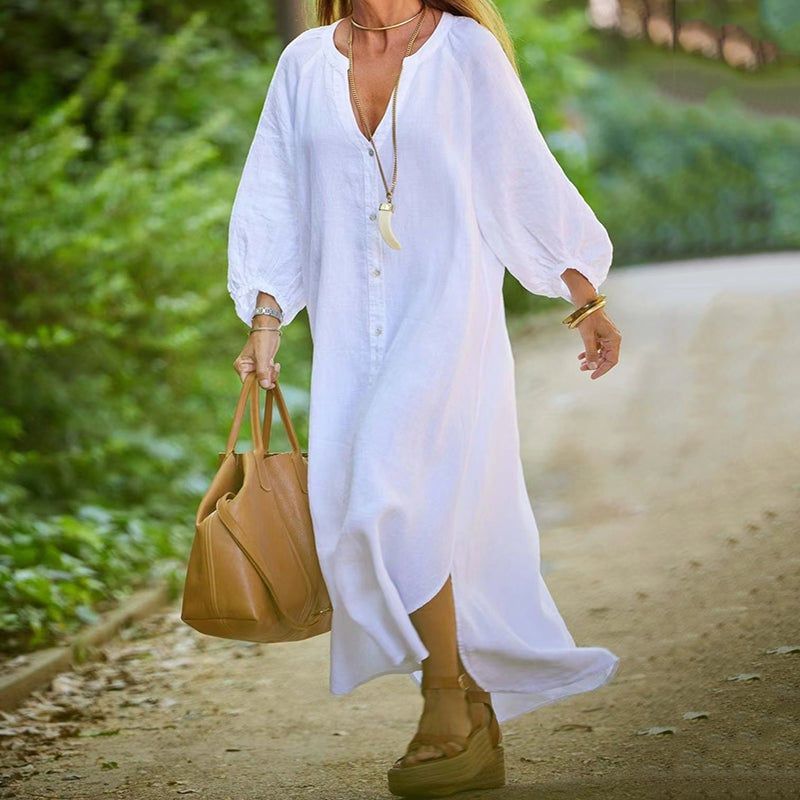 Women's Minimalist Cotton Linen V-neck Long Dress