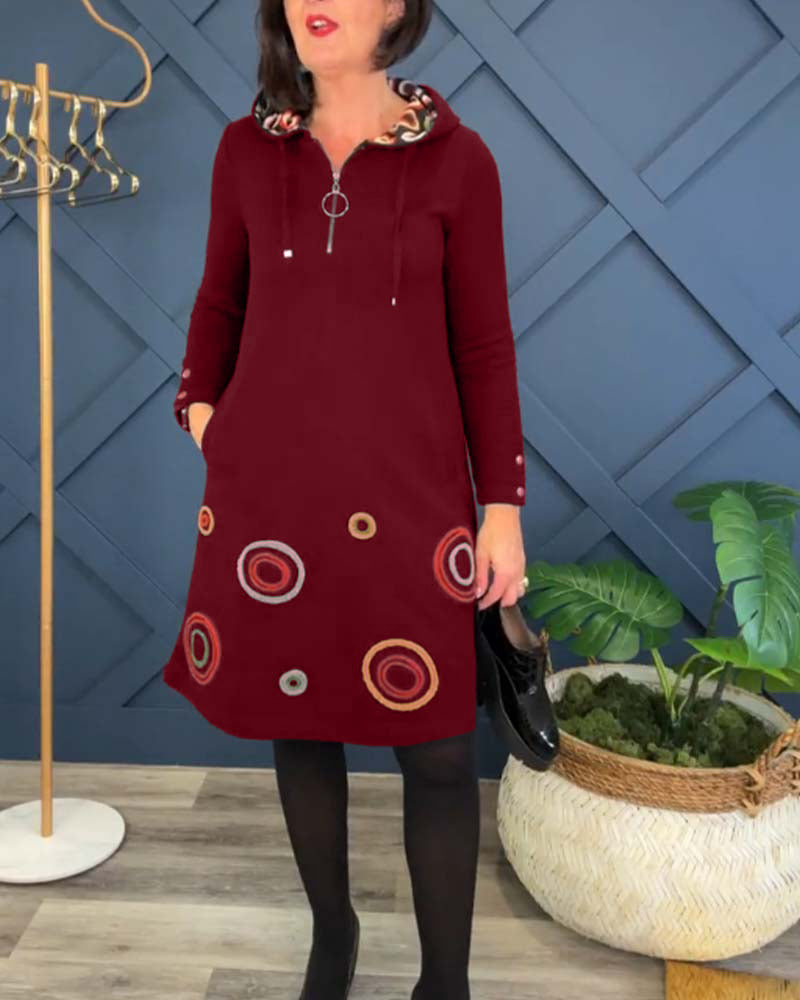 Circle print zip-up hooded casual dress