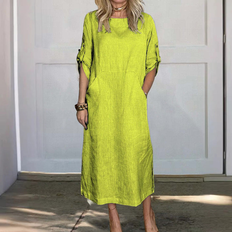 Women's Cotton and Linen Solid Color Loose Dresses