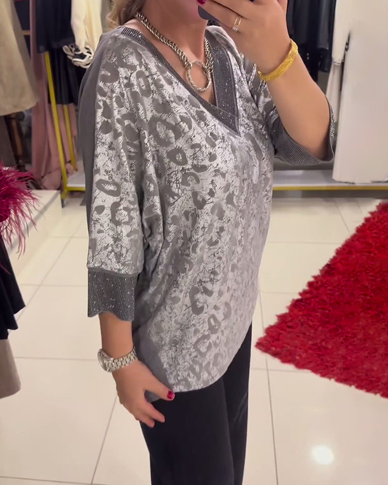 V-neck printed casual blouse