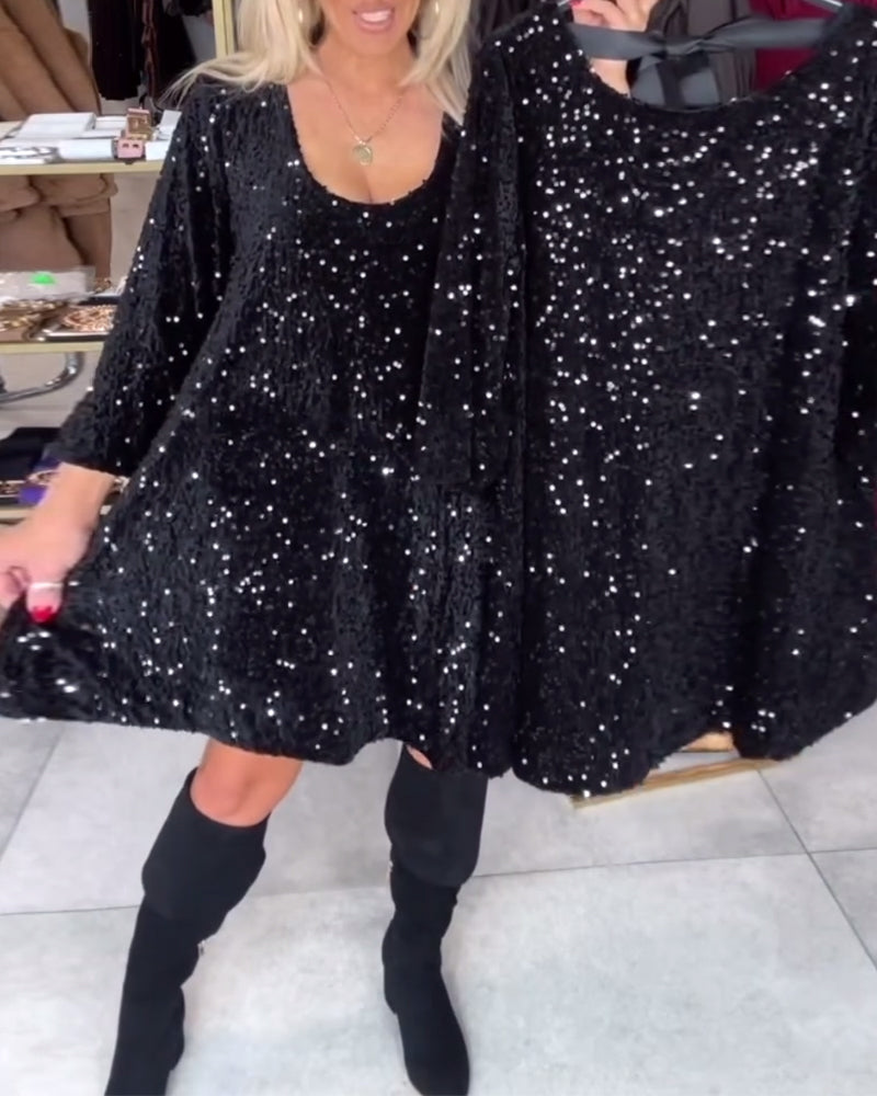 Velvet Sequined Dress With Wide Neckline