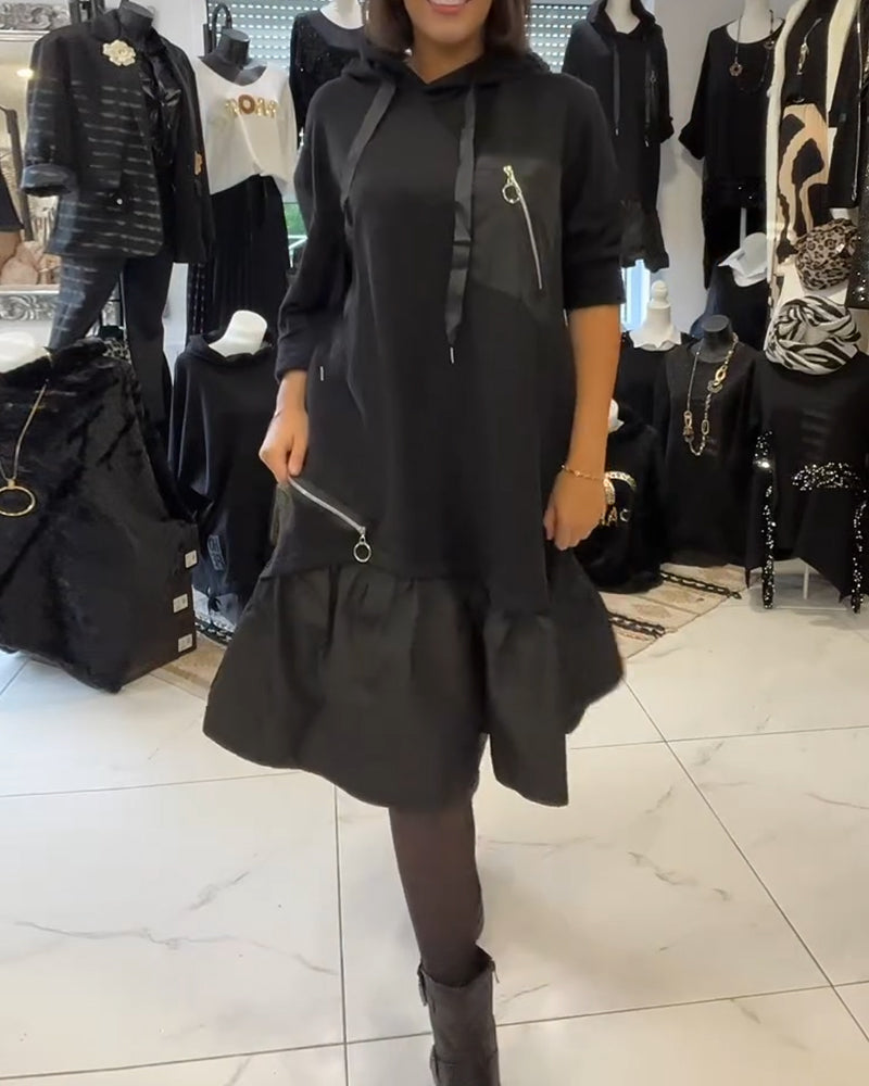 Ruffled patchwork hooded sweatshirt dress