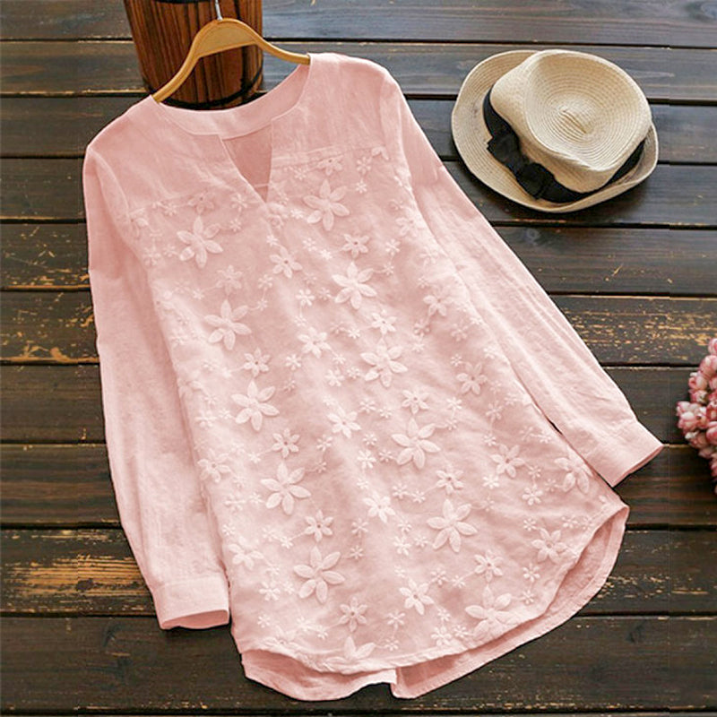 Women's Lace Embroidered Cotton and Linen Long-sleeved Shirt