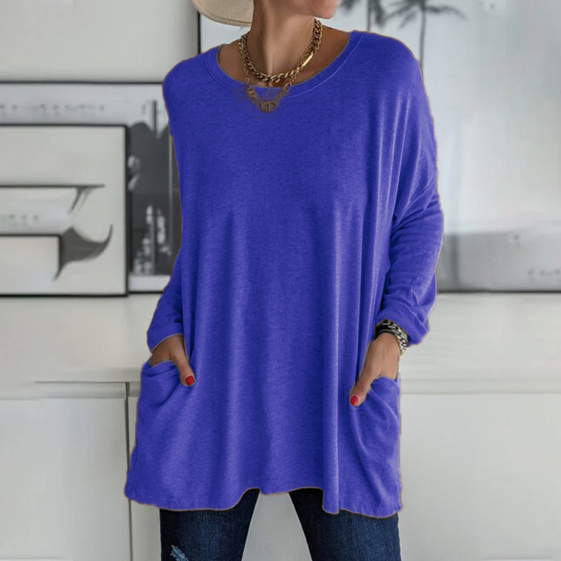 Round Neck Long Sleeve Pocket Solid T-Shirt